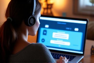 Image d'une personne utilisant un ordinateur portable pour une leçon de langue en ligne avec une interface moderne.