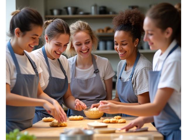 Personnes participant à un atelier de cuisine française, riant et préparant des plats typiques.